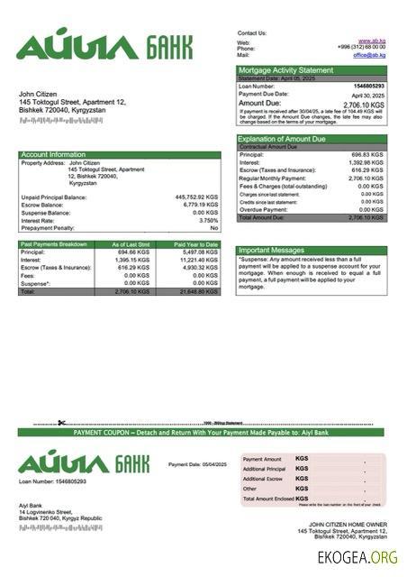 Kirghizistan Aiyl Bank relevé hypothécaire Modèle Word et PDF